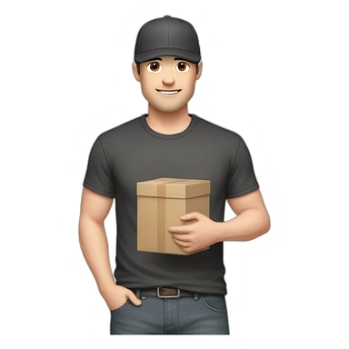 Pale skinned fit Man with dark brown hair in a black cap, gray jeans and brown polo T-shirt keeping a pasted with tape white box into his hands sticker