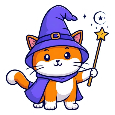 orange cat wearing wizard hat with magic wand sticker