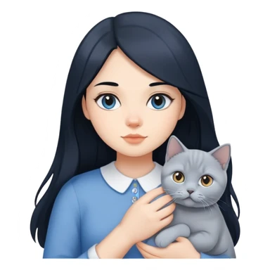 A girl with long black hair is holding a blue and white British shorthair sticker