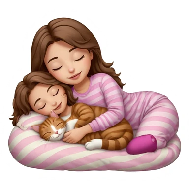 girl with wavy long brown hair, brown eyes, light to medium complexion, long lashes, light pink lipstick, smiling, wearing light pink shirt, sleeping on a cozy pillow, with brown tabby cat, sleeping sticker