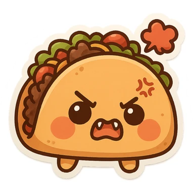 cute angry taco with puffed cheeks, tiny fangs, playful angry expression, simple background sticker