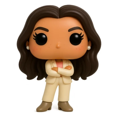 Create a Funko Pop style vinyl figure of Eva Longoria with luminous smooth tanned skin, extremely detailed dark hair, hyper-textured feminine cream suit (jacket and pants), small pearly earrings, greige leather boots clearly visible, arms crossed, rosy cheeks, very discreet freckles, eyelashes, mischievous and cheerful expression, no mouth, transparent background. sticker