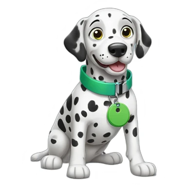 happy Dalmatian with a blue collar and a green tag sticker