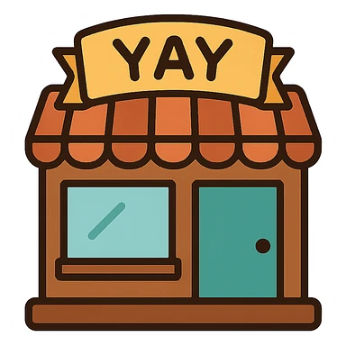 cozy brown café storefront with a soft “YAY” banner, warm hand-drawn tones sticker