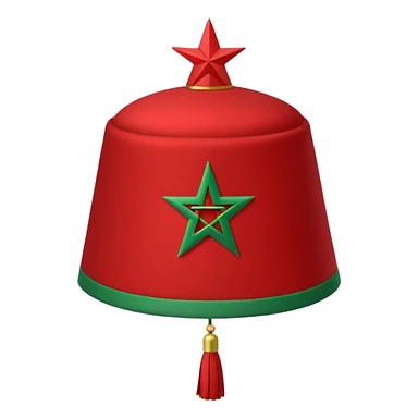 Red Moroccan fez hat with a flat top, straight sides, a green five-pointed star on the front, and a thin black tassel hanging from the right side. sticker