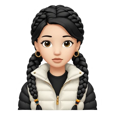 generate a pretty bratz girl with a WHITE puffer jacket, hoops, long braided hair black sticker