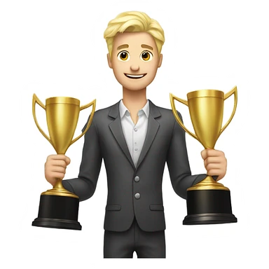 Blonde man holding a baby, standing next to 2 trophies sticker