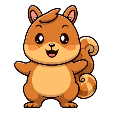 Cartoon squirrel with light brown fur, pointy ears, bushy tail, chubby cheeks with a large puddle of drool dripping from wide open mouth, extremely hungry sticker