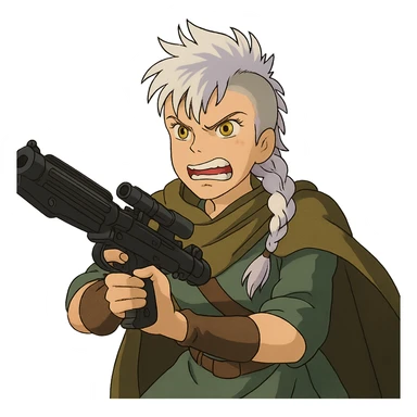 1 FEMALE, GOLD YELLOW EYES, WHITE HAIR LAVENDER TIPS, MESSY LOCKS BANGS MOHAWK, LONG BRAID, MERCENARY GARB, HOLDING A STORMTROOPER'S E11 BLASTER RIFLE, BRANDISHING, FURIOUS GLARE, GRITTING TEETH sticker