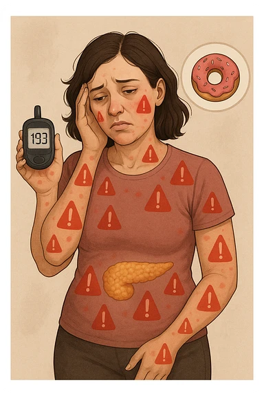 "Woman struggling with worsening insulin sensitivity, blood sugar spikes visualized as red warning signals throughout her body, expression of energy crashes and sugar cravings, pancreas working overtime shown in transparent overlay, pre-diabetic progression despite dietary efforts, metabolic syndrome symptoms accumulating, glucose meter showing increasingly concerning readings" scritte in italiano sticker