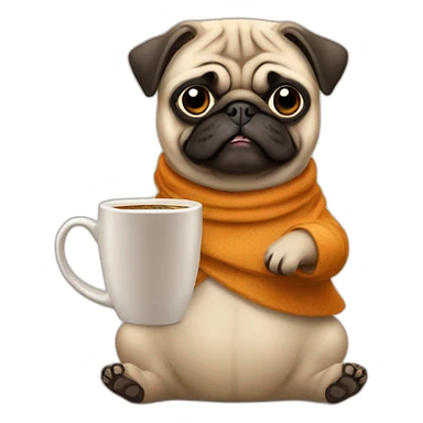 Pug in an important costume with a mug of coffee sticker