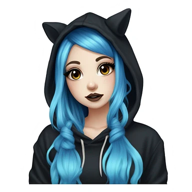 hime gyaru girl, tattoos, pale skin with black and electric blue hair, dark makeup, black hoodie sticker