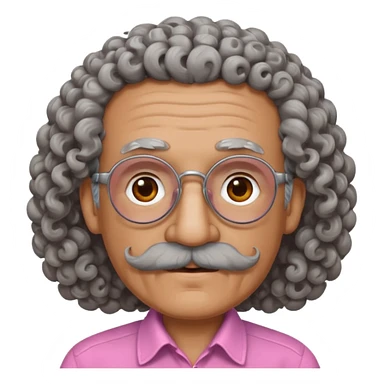 old guy with very curly hair and brown shades and big  pink mustache sticker