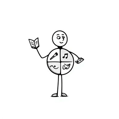 Hand-drawn metal man figure with a circular body divided into four segments, each containing symbols for different art forms: visual, musical, theatrical, and literary arts sticker