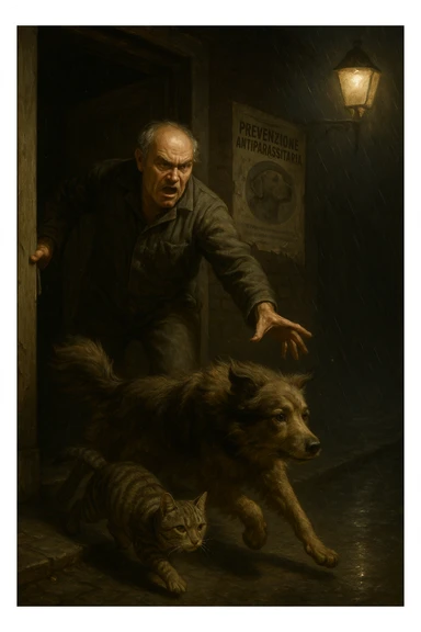 Un uomo anziano in tuta da lavoro, con espressione arrabbiata, butta fuori i suoi animali con aperta la porta di casa mentre il suo cane (un meticcio a pelo lungo) e il gatto (soriano) scappano nella strada buia sotto la pioggia. Particelle di polvere/pulci fluttuano nell'aria illuminata dal lampione. Sullo sfondo, un poster strappato del veterinario con scritto 'Prevenzione antiparassitaria'. Stile fotorealistico, illuminazione Caravaggesca, toni grigi e ocra. in italiano sticker