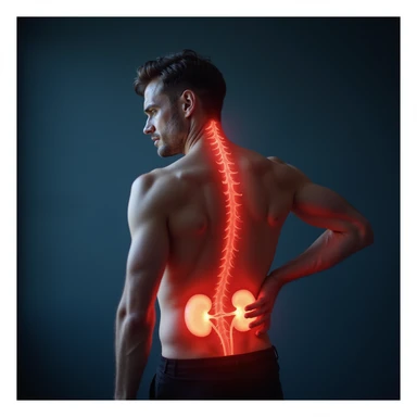 realistic man with painful expression, hand on lower back, kidneys shown in inflamed red tones with subtle anatomy overlay, symbolic clinical background, cool light, anatomy focus, 4K sticker