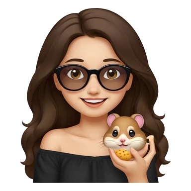 clean emoji-style illustration of a young woman with light skin, long wavy dark brown hair, black off-shoulder top, soft smile, warm eyes, cheeky hamster with sunglasses on her shoulder munching a seed, both playful and happy, soft pastel background, cheerful charming style sticker