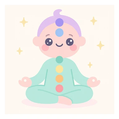 meditative figure sitting in lotus, chakras highlighted with rainbow colors, soft lines, relaxing artistic style, light background sticker