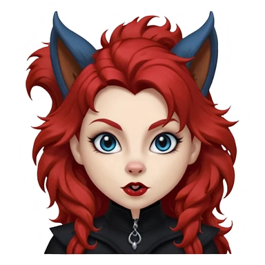  long super curly blood red hair (darker), red pointed squirrel ears with black trim, black goth outfits, body and face human, blue eyes, more pointy chin, black lipstick, one big fluffy red squirrel tail with black tips, close her mouth, less evil looking sticker