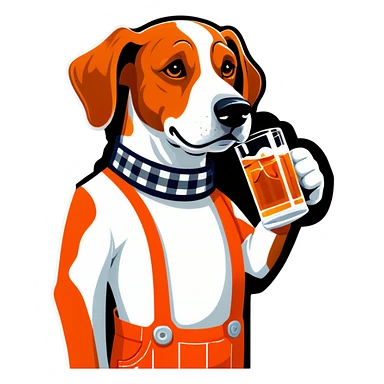 Hound dog in tangerine and white checkered overalls drinking whiskey sticker