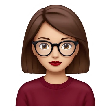 părul carre, șaten, ochii căprui, buzele roșii, ochelarii cu ramă neagră și pulover bordo sticker