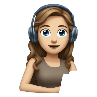white girl at desk, brown hair, blue eyes, computer, headphones sticker