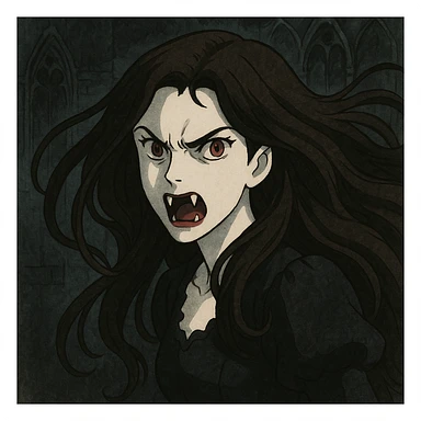 vampire woman, white skin, brunette, long flowing hair, angry face, fangs bared, gothic illustration style sticker