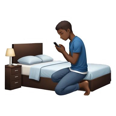 A Gen Z young person kneeling beside bed in bedroom at night praying, smartphone on nightstand, wearing casual clothes, dim lighting, posters on wall sticker