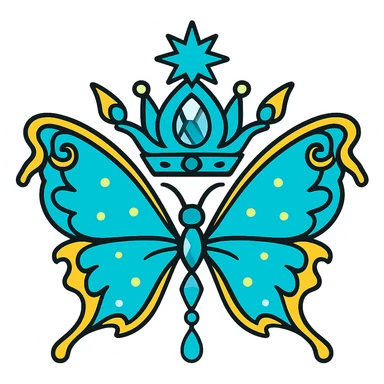 Change only the main color of the butterfly and crown to a glowing cyan, keeping all gold details, shapes, and style exactly as in the original. The result should look like the original but with a cyan main color. Output must be PNG with transparent background, for Discord role icon use. sticker