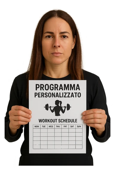 Donna con in mano Scheda di allenamento di palestra con scritto "Programma Personalizzato" sticker