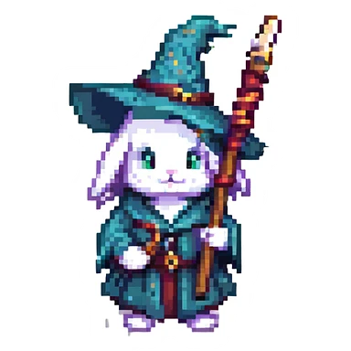 adolescent wizard bunny holding a staff, pixel art style sticker