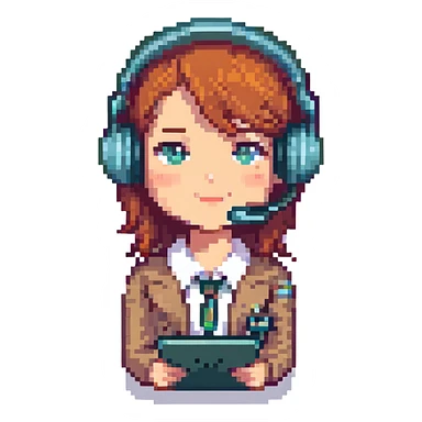 female recruiter, cute, pixel art with a headset sticker