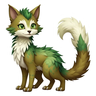 Kawaii dark cute cool brown beige white fantasy ethereal feline-vernid-sergal-fursona animal creature with a tufted tail full body with intricate markings, hazel-gold-green eyes sticker