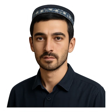 A Tajik man with a slender build, oval face, broad forehead, straight nose, expressive brown eyes, thick eyebrows, dark straight hair, and warm-toned skin, neatly kept facial hair sticker