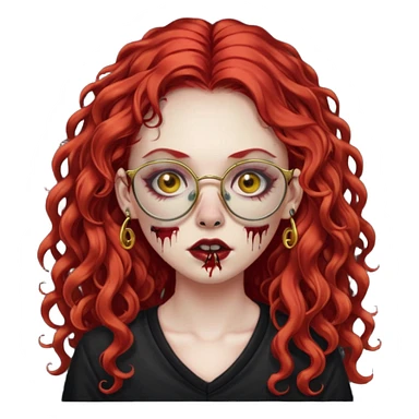zombie girl with long red curly hair, thick lashes, black glasses, gold nose piercings on each nostril, and a gold eyebrow piercing. sticker