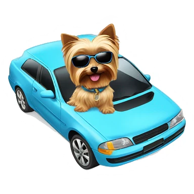 A sky blue car with a yorkie inside vibing with sunglasses sticker