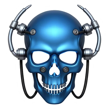 Cyberpunk shield, skull with cybernetic implants, glowing wires, dark electric blue and black tones, no background sticker