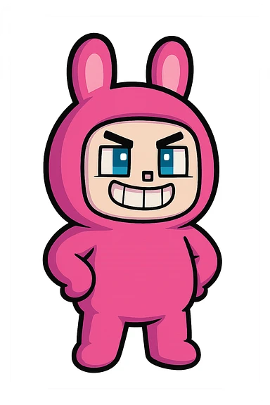 Extract and isolate the small character in the pink bunny suit from the image, placing them on a transparent background, keeping the original Minecraft cartoon style and appearance. sticker