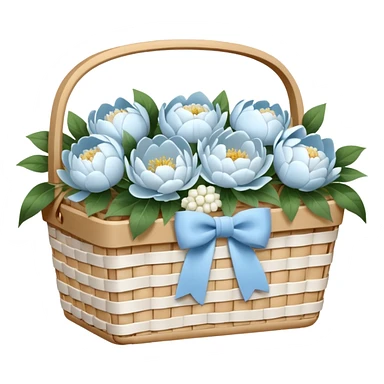 White Picnic basket with light blue bow and white peonies inside sticker