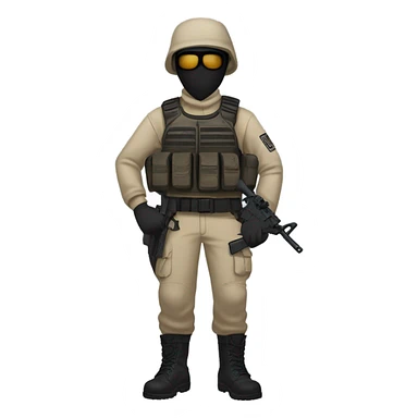 White male, call of duty mask, tan tactical gear, tan pants, combat boots, black beanie, blue eyes, no glasses sticker