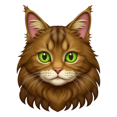 je veux un emoji chat main coon marron foncé  à poil long avec les yeux vert jaunes, en entier assis stp  sticker