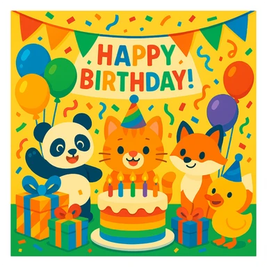vibrant-toon style birthday party scene with a rainbow color theme including rainbow balloons, multicolored decorations, confetti, a large rainbow birthday cake, gifts, and a festive atmosphere. Main character is a ginger tabby kitten wearing a birthday hat, surrounded by a panda, fox, and duck also celebrating. Prominent 'Happy Birthday!' message included in the scene. sticker