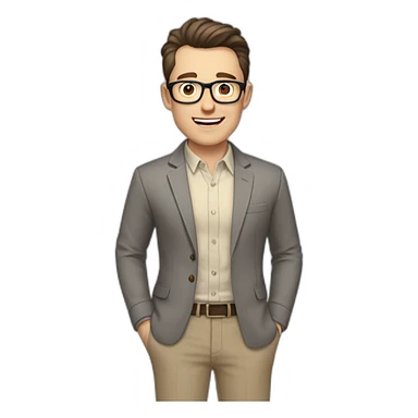Joyful Pale skinned Fit Man With dark brown hair in gray jacket, beige office shirt, Brown pants and vintage glasses. His thrumbs up sticker