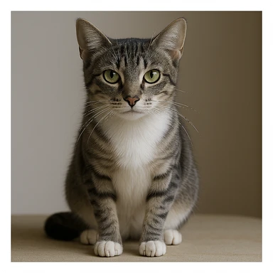 Make this cat skinnier, keeping the white streak up the nose area, grey top, white belly, partly grey and white legs, medium fur length, and gentle expression in a realistic style. sticker
