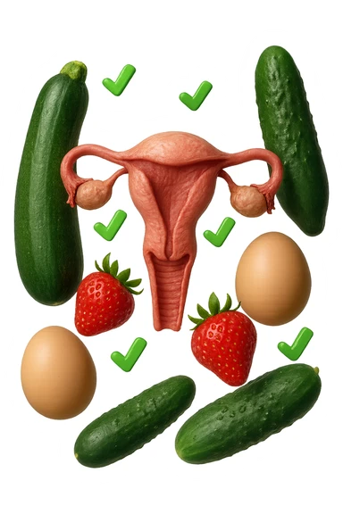 zucchine, cetrioli, fragole, uova fluttuano insieme ad un utero umano realistico anatomico e a piccole spunte verdi di "verificato" 3d, IPERREALISTICO 4K sticker
