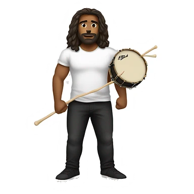 A long haired brown man with a light beard holding drum sticks, wearing a t shirt and black pants sticker