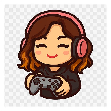 Create a chibi emote of the woman in the first reference image, in the style of the second reference image, holding a game controller in a gaming pose sticker