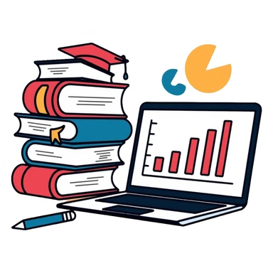 academic research with books, laptop and data charts sticker