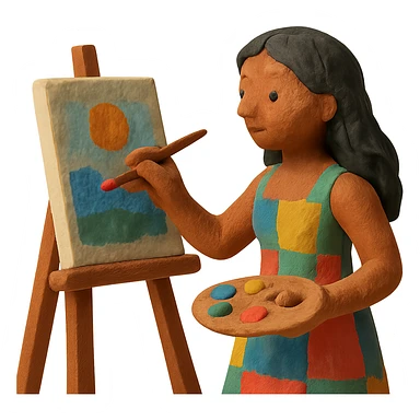tanned woman artist with long black hair, wearing a colorful dress, painting at an easel, holding a palette and brush, claymation style sticker