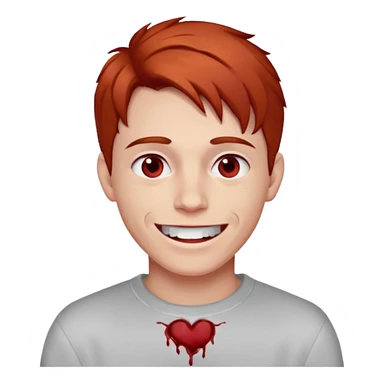 парень с красно-русыми волосами; бледная сероватая кожа; белые глаза; открытая улыбка, где на зубах кровь; одет в белый свитер sticker